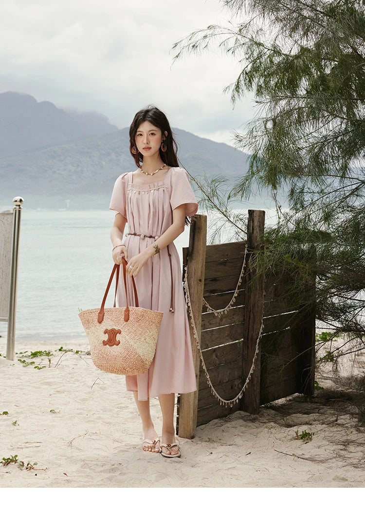 MISHOW Bohemian Pink Women‘s Summer Dresses Women 2025 Short Sleeve Square Collar with Belt Dress Lady New Fashion MXE33L2158