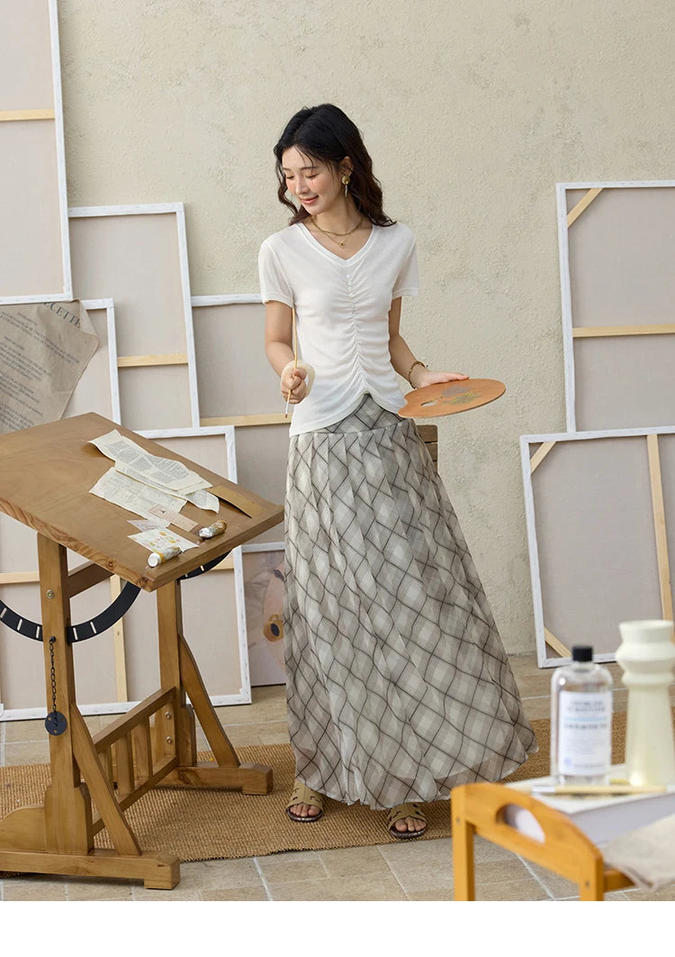 MISHOW V-neck Short Sleeve T-shirt Summer 2025 Mid Front Elastic Fold Single Row Shell Button Tees Casual Slim Tops MXE34T0560