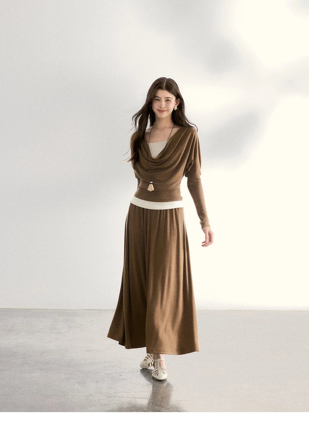 MISHOW Women's Draped Neck Tops with Camisole Two Piece Set 2026 Spring Long Sleeve Slim Casual Soft Brown Tops MXF11T1458