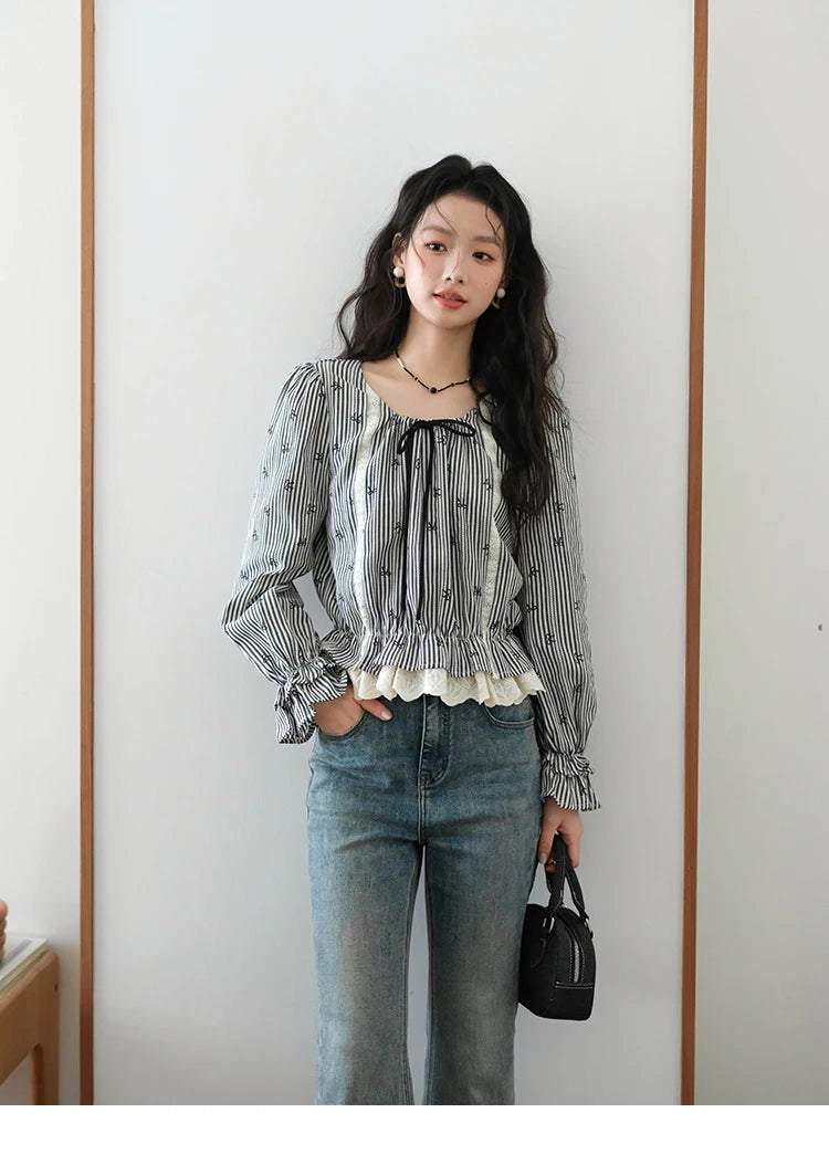 MISHOW Black Striped Blouse Lace-Up Bow Round Collar MXE41X1948