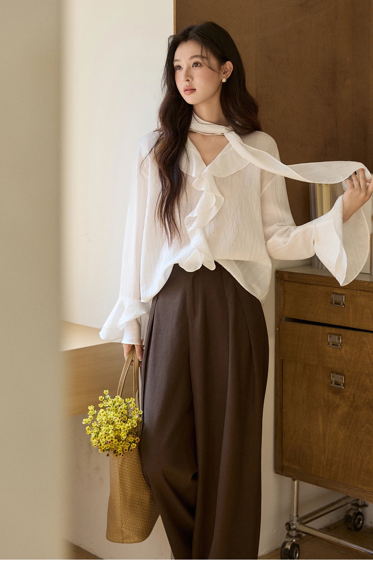 MISHOW Women's Ruffle Trim Chiffon Blouse with Detachable Scarf 2026 Spring Long Sleeve Loose Fit Casual White Top MXF108X0999