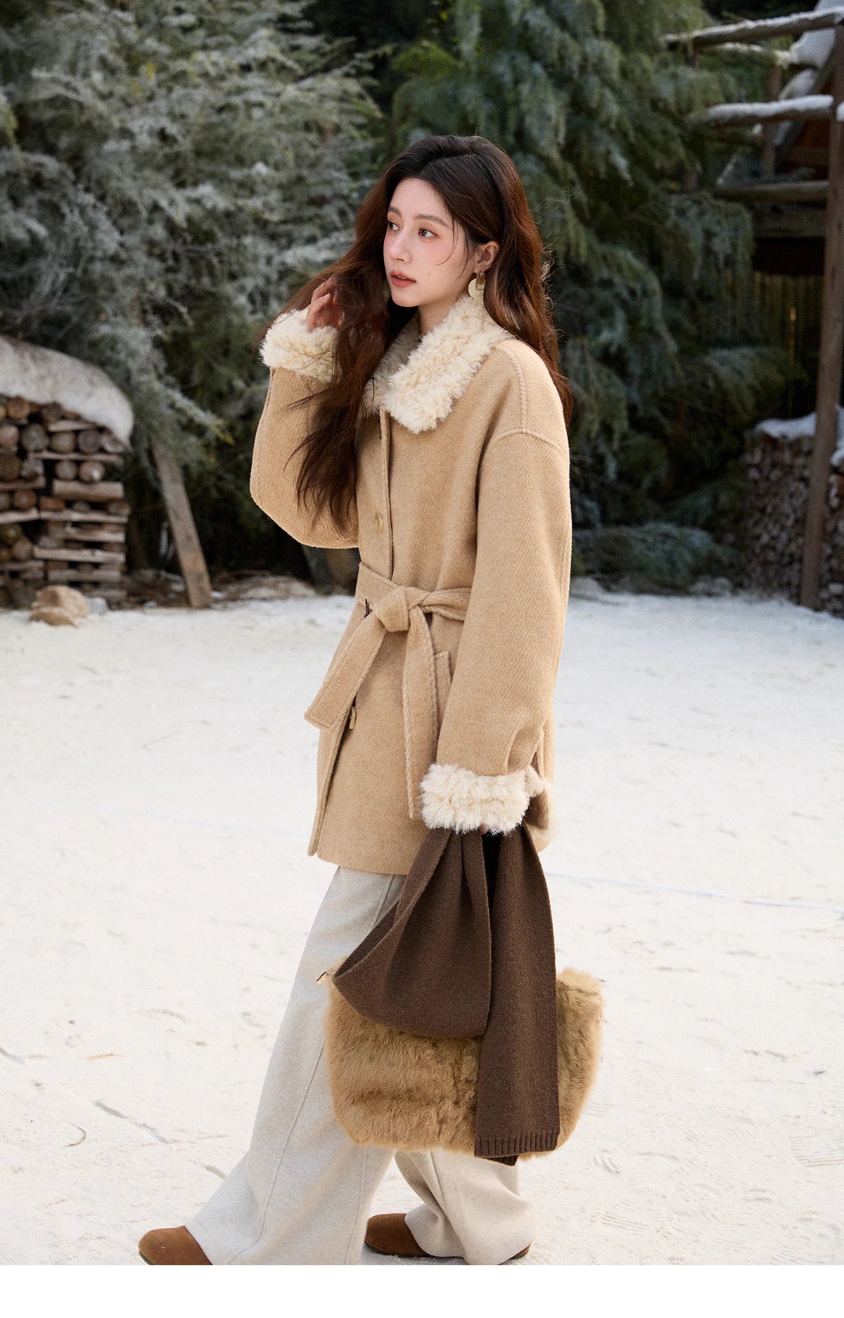 MISHOW Women's Thick Wool Blend Coat 2025 Winter Korean Retro Fleece Patchwork Coats Belted Lapel Elegant Overcoat MXE92W0997