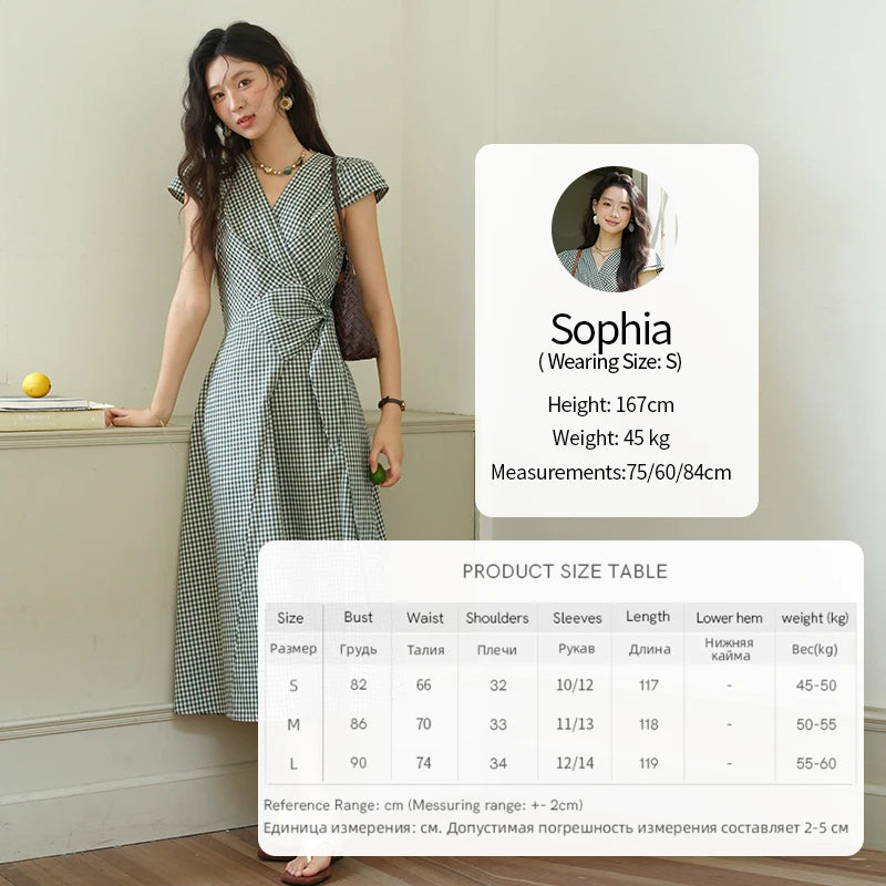 MISHOW Women's Fashion V-neck Dress 2025 Summer Office Lady Plaid Waist Cinched Sashes Short Sleeve Female Dresses MXE39L2410