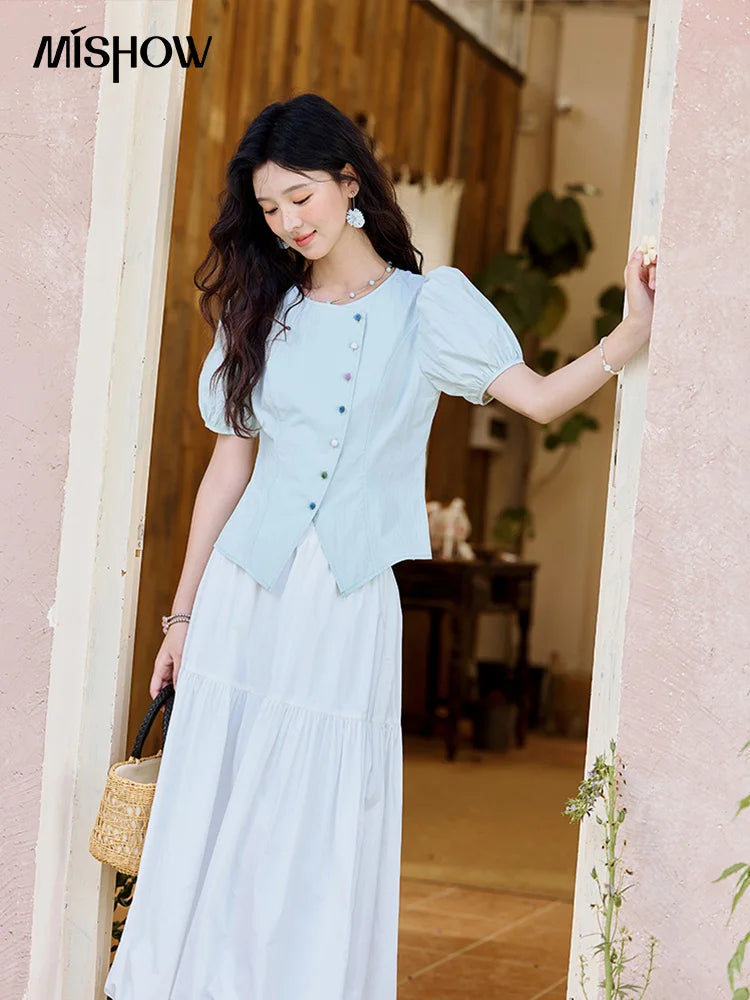 MISHOW Sea Salt White Double Layered Waist Skirt 2025 Summer Flower Bud Skirt Shell Button Versatile A-line Skirts MXE32B0715