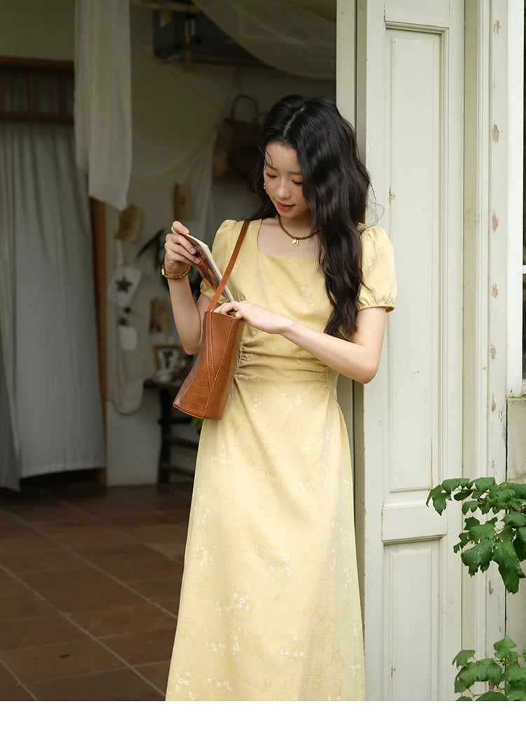 MISHOW Women's Clothing Fashion Square Neck Puff Sleeve Dress Summer 2025 New Bamboo Leaf Jacquard Pattern Dresses MXE39L2415