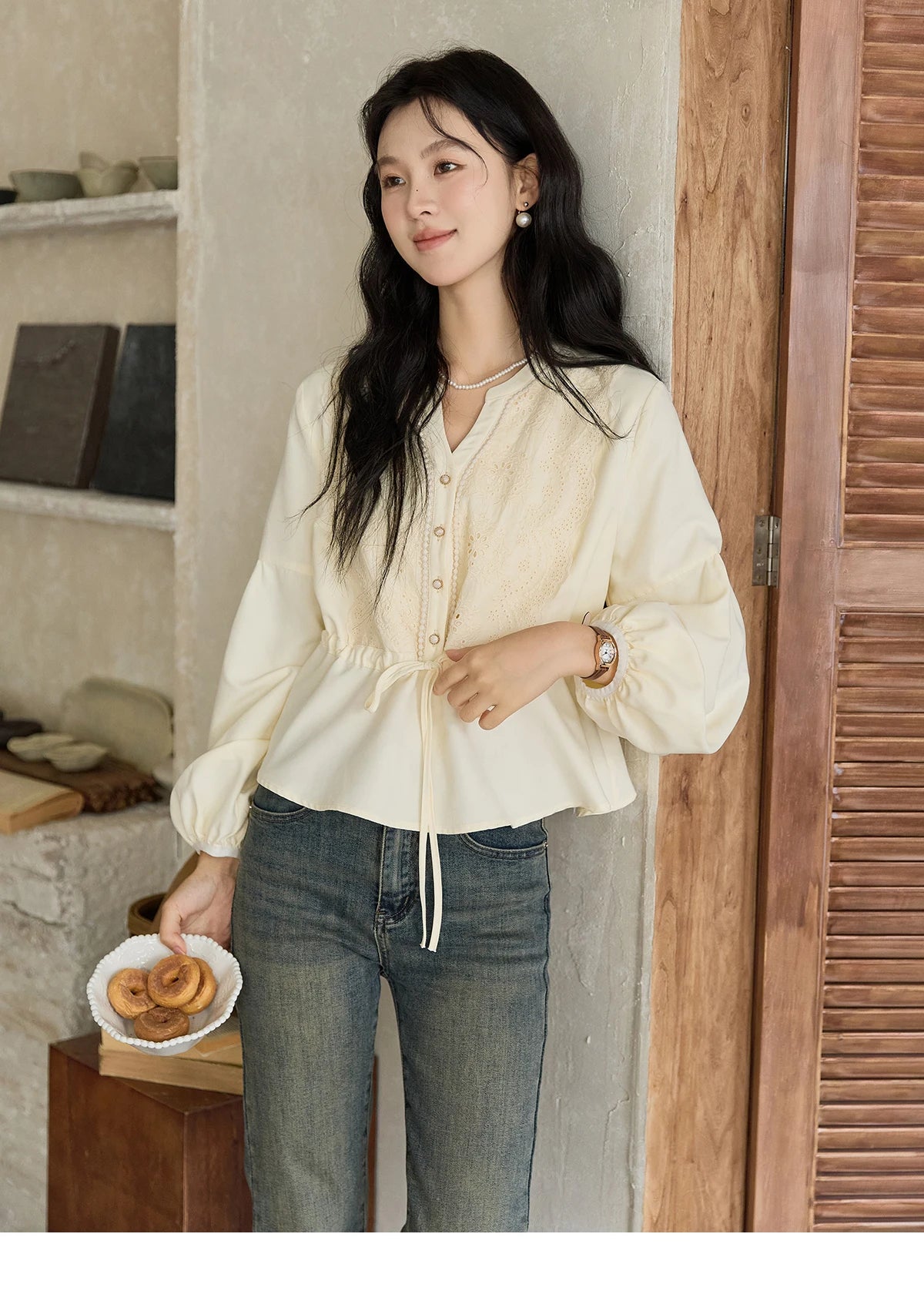 MISHOW Women's French V-neck Blouse Lace Lantern Sleeve Long-sleeved Blouses 2024 Fall Tie Drawstring Waist Slim Tops MXD45X1660