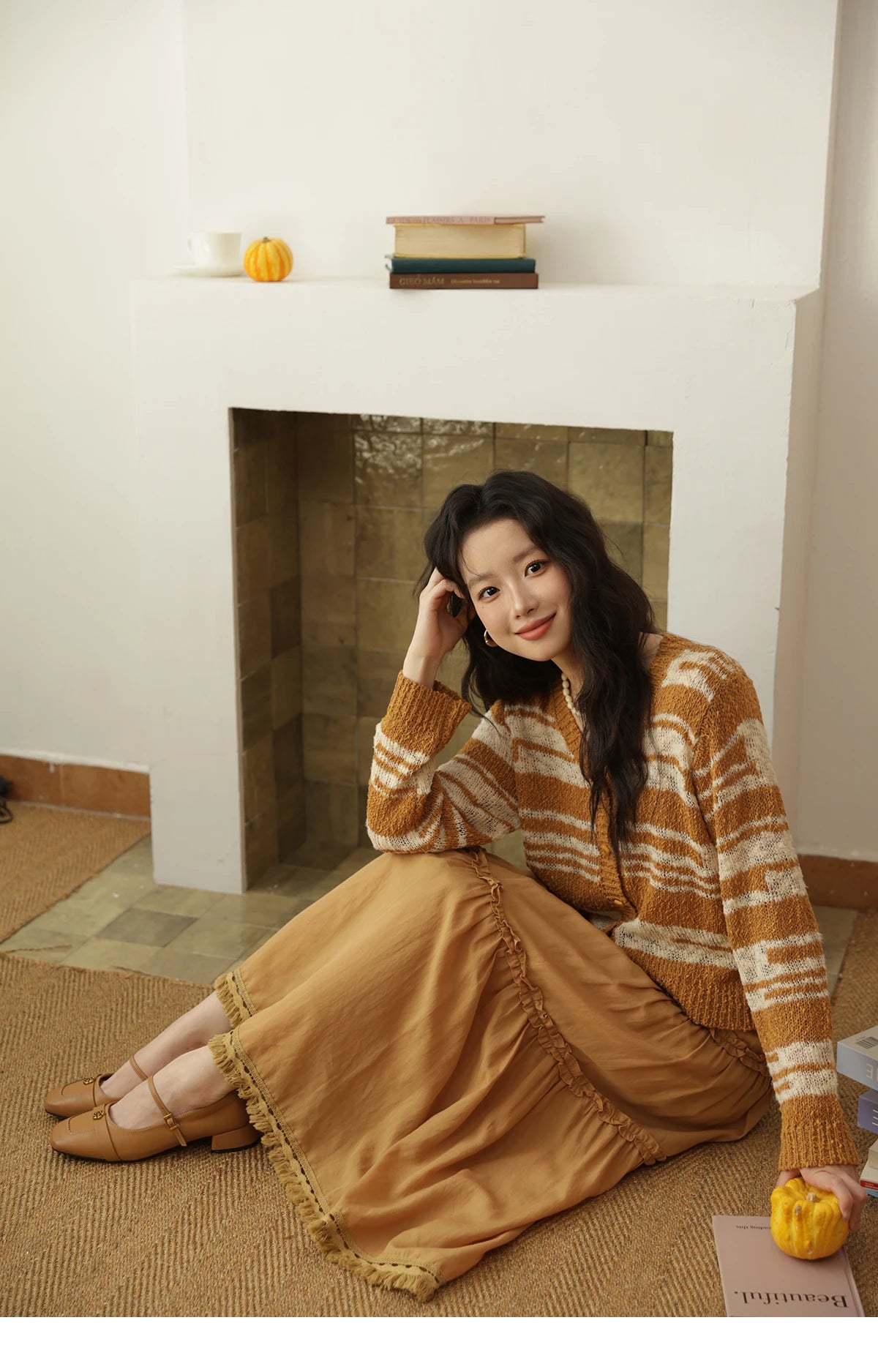 MISHOW Women's Striped Cardigan 2025 Autumn New Retro Yellow V-neck Long Sleeves Single-breasted Short Sweater Coats MXE44Z2516