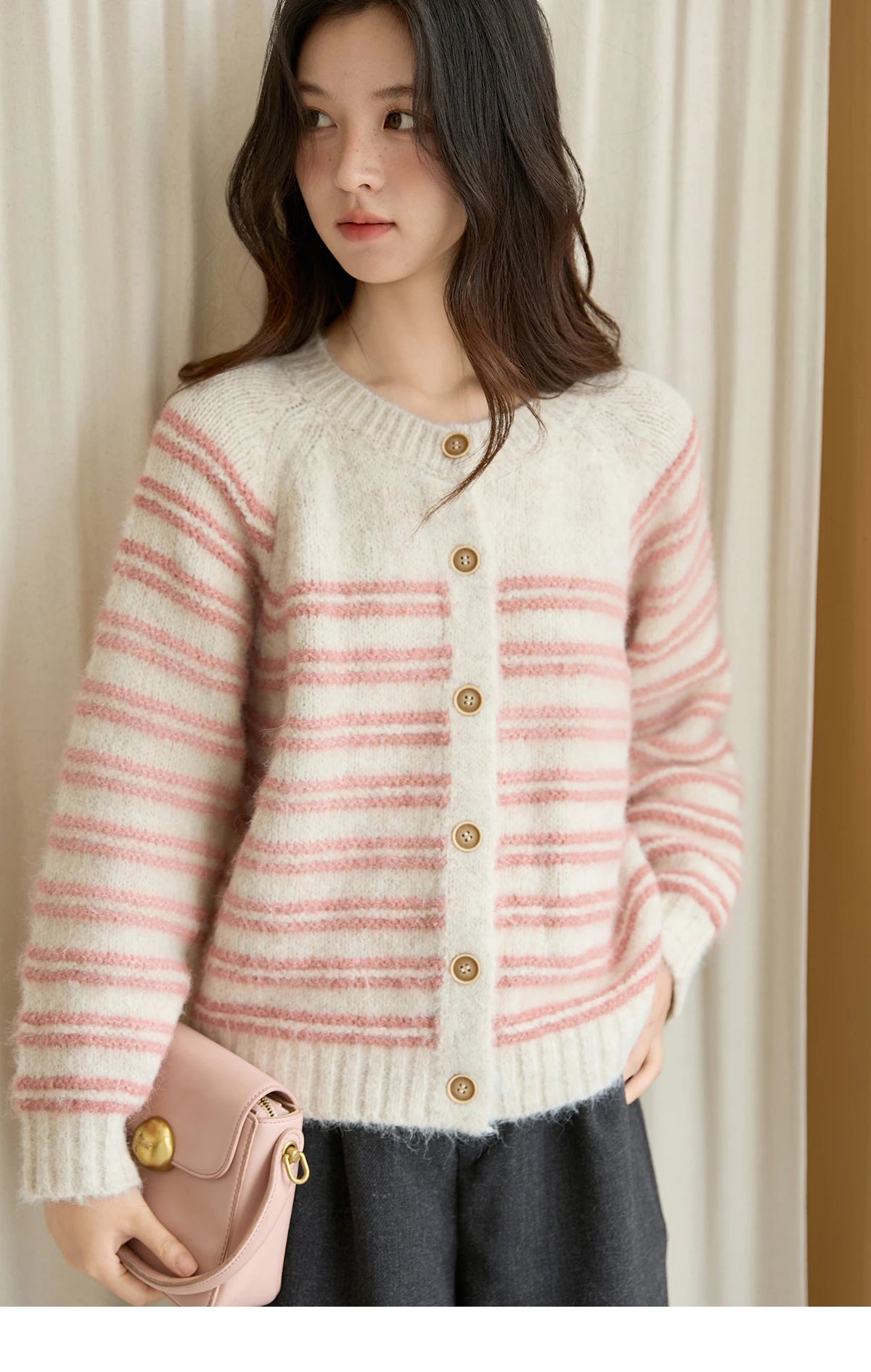 MISHOW Women's Pink Striped Cardigan 2025 Autumn Winter French Style Round Neck Wool Blended Sweater Loose Casual Top MXE49Z2615