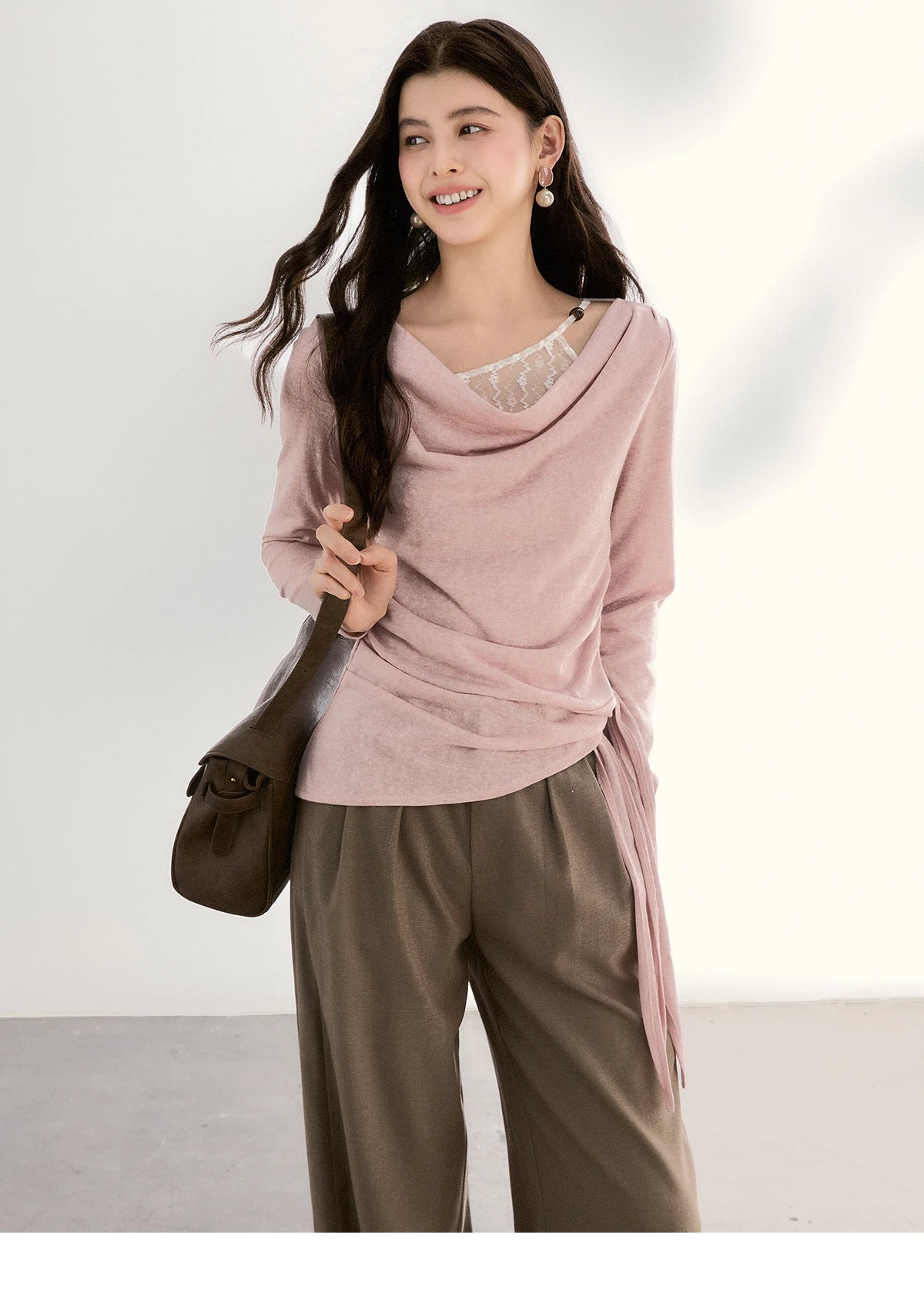 MISHOW Women's Splicing Lace Trim Draped Neck Long Sleeve Tops 2026 Spring Side Tie Ruched Irregular Casual Slim Tees MXF13Z2995