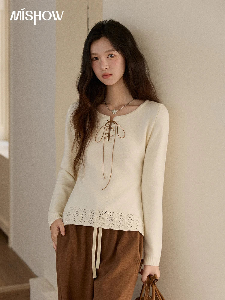 MISHOW Woman Beige Knit Top 2025 Winter Contrast Color French Style Hem Hollow Crochet Sweater Slim Long Sleeves Top MXE89Z2634