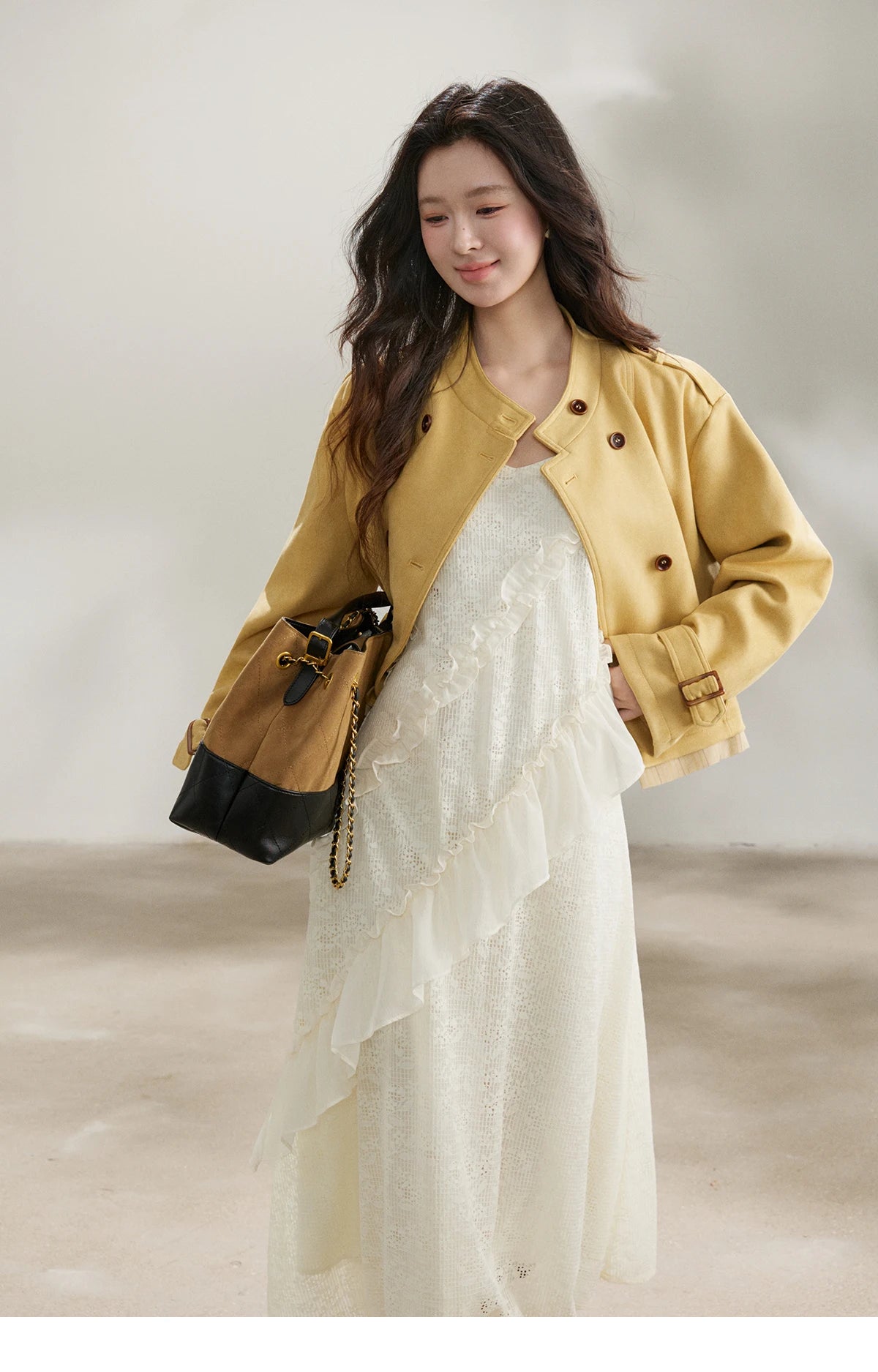 MISHOW Women's Yellow Double-Breasted Trench Stand Collar Coat Adjustable Cuffs Splicing Striped Hem Casual Outerwear MXF11W1026