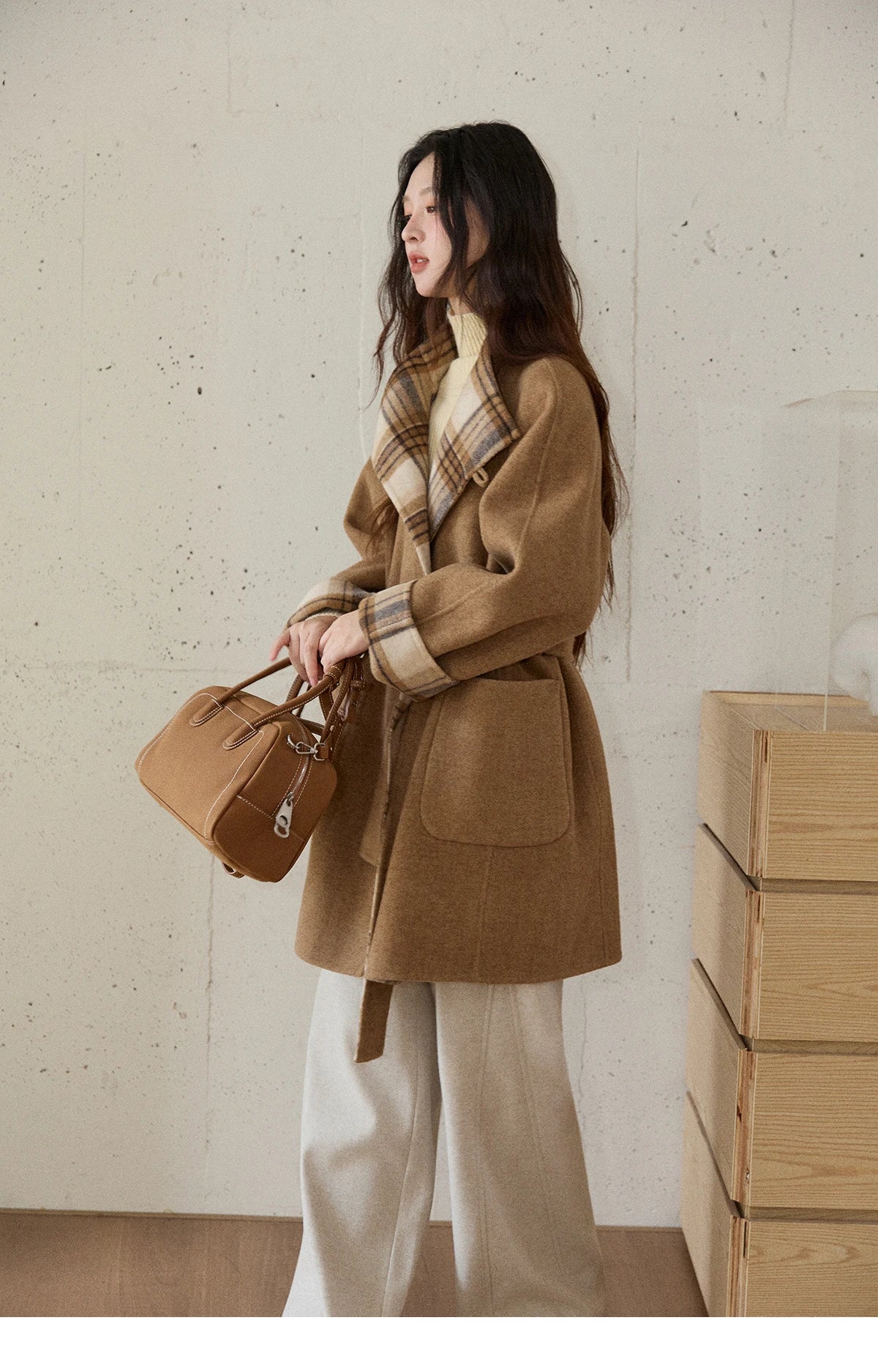 MISHOW Plaid Double-faced Wool Coat Women 2025 Winter Retro Lapel Single Buckle Loose Mid-length Coat Woman Clothes MXE89W0898