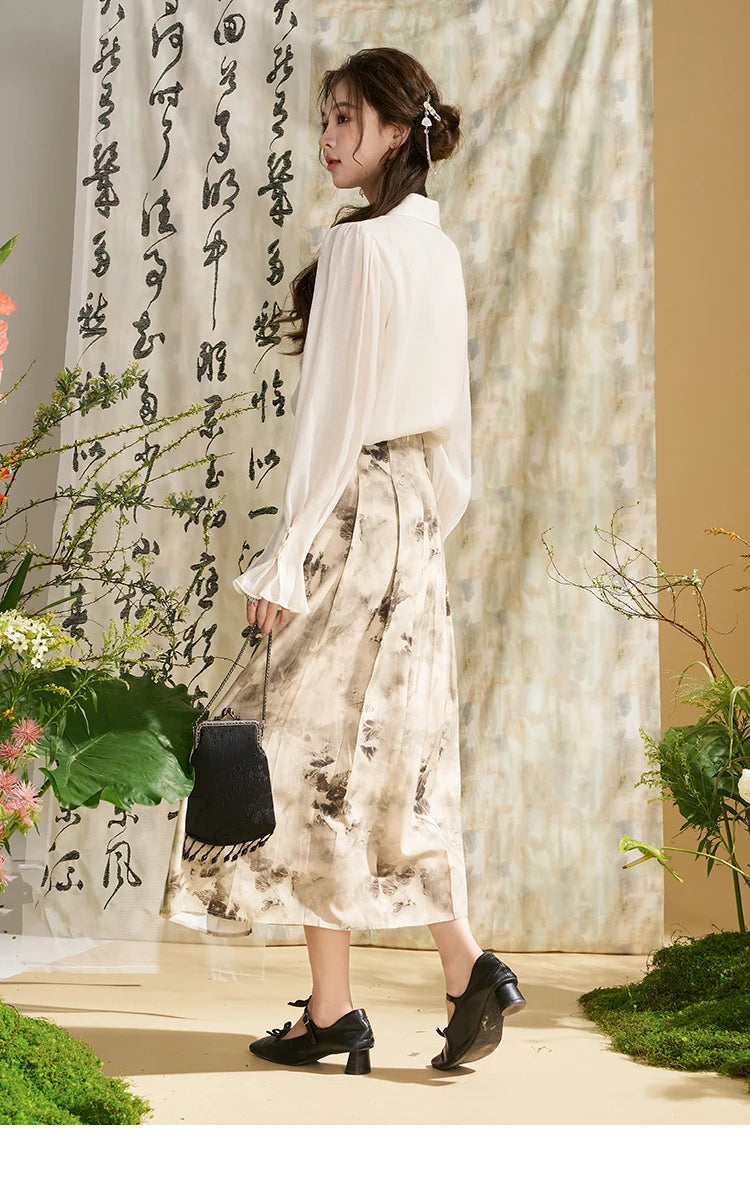 MISHOW Chinese Style Lapel Shirt 2024 Spring Retro Button Pearl Embellishments Folded Cuffs Petal Sleeve Loose Top MXD11X1344