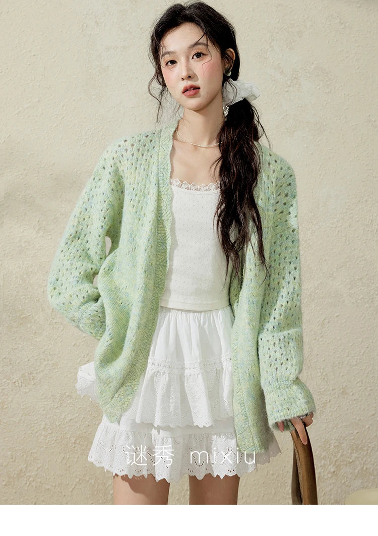 MISHOW Green Knitted Cardigan for Women Spring 2025 Loose Hollow Out Wave Neck Commuting Slim Open Stitch Cardigan MXE12Z1212