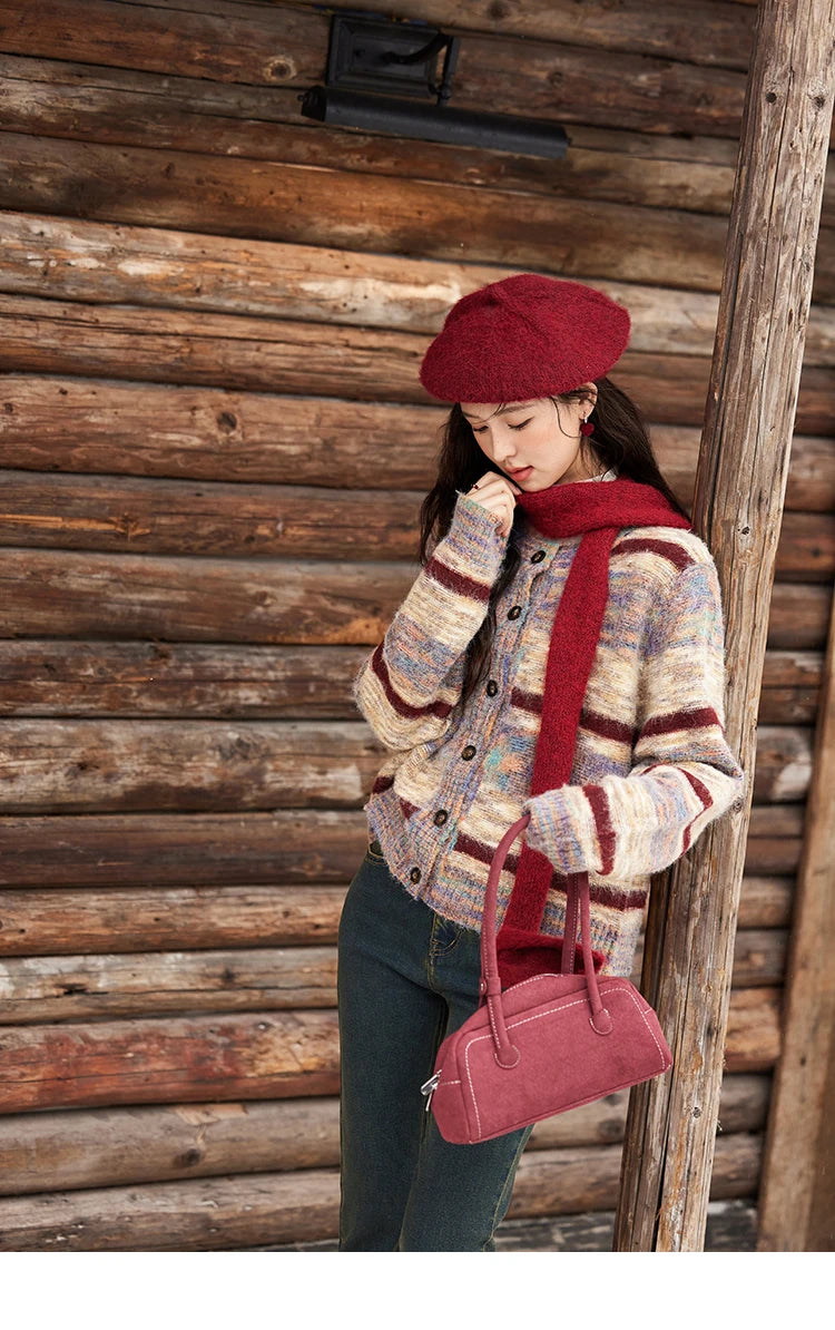 MISHOW Striped Sweaters Short Contrast Color Loose Casual O-Neck Single Breasted Tops Soft Warm Knitted Cardigans MXD59Z1061