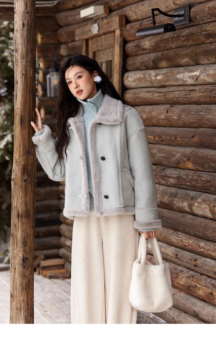 MISHOW Leather Fur Coat Fur Collar with Bag Women Winter Clothes Suede Plush Jacket Pocket Soft Thickened Warm Tops MXD57W0737