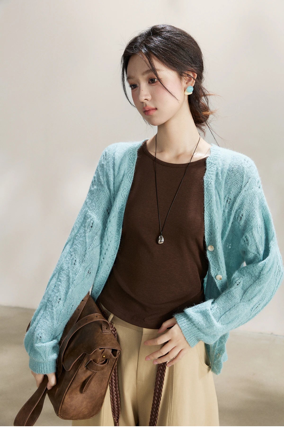 MISHOW Women's Blue Hollow Out Knit Cardigan 2026 Spring V Neck Wool Blend Tops Single Breasted Casual Thin Sweater MXF13Z2975