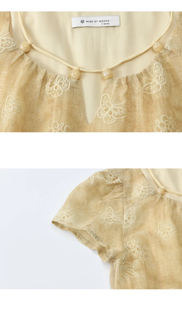 MISHOW Fashion Butterfly Embroidery Dress 2025 Summer Splicing Beaded Collar Comes with Retro Belt Dresses MXE36L2250