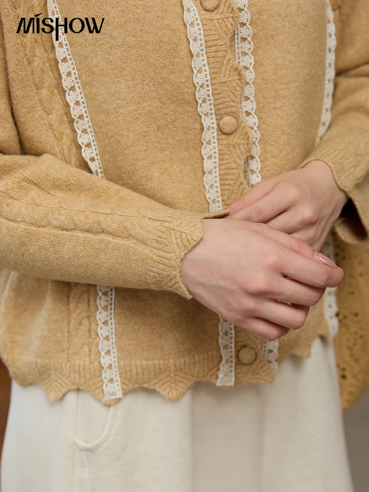 MISHOW Yellow Knitted Cardigan Ladies 2025 New Sweet Lace Stitching Cable Sweater Commute Women's Autumn Cardigan MXE51Z2546