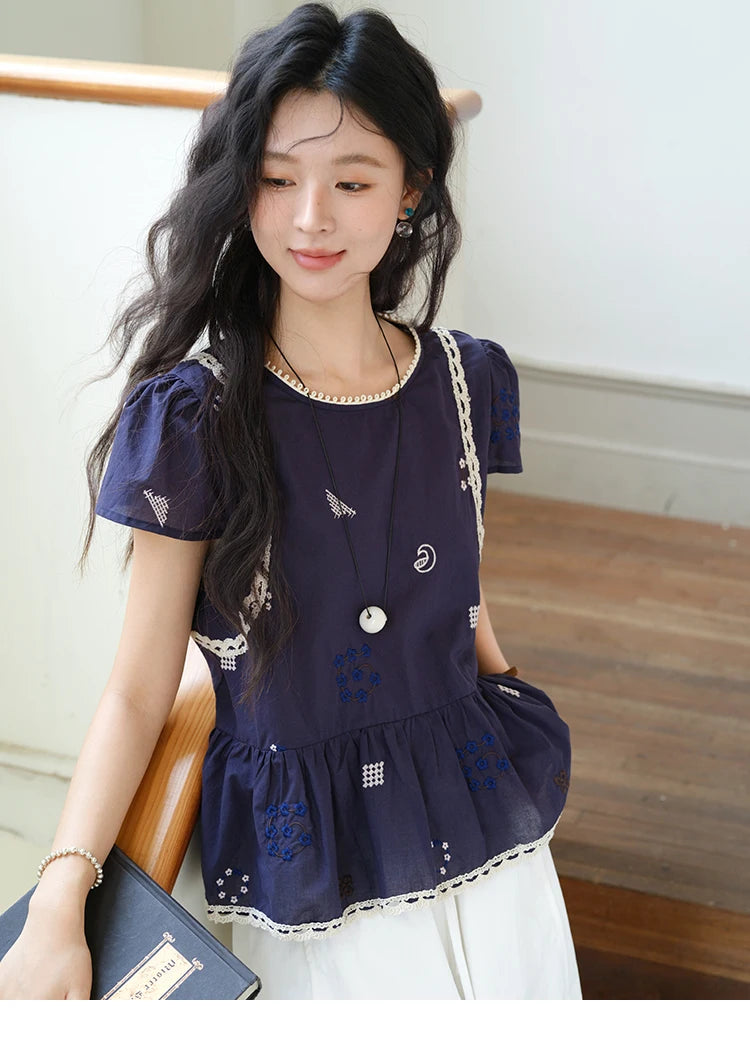 MISHOW Women's O-Neck Spliced Lace Blouse 2025 Summer New Fashion Embroidery Flower Casual Loose Top Ladies Clothing MXE39X1965