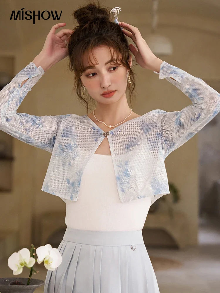 MISHOW Elegant Hollow Out Cardigan Camisole Skirt Separately Spring Lace Printing Short Cardigans Solid Pleated Skirt MXD12W0342