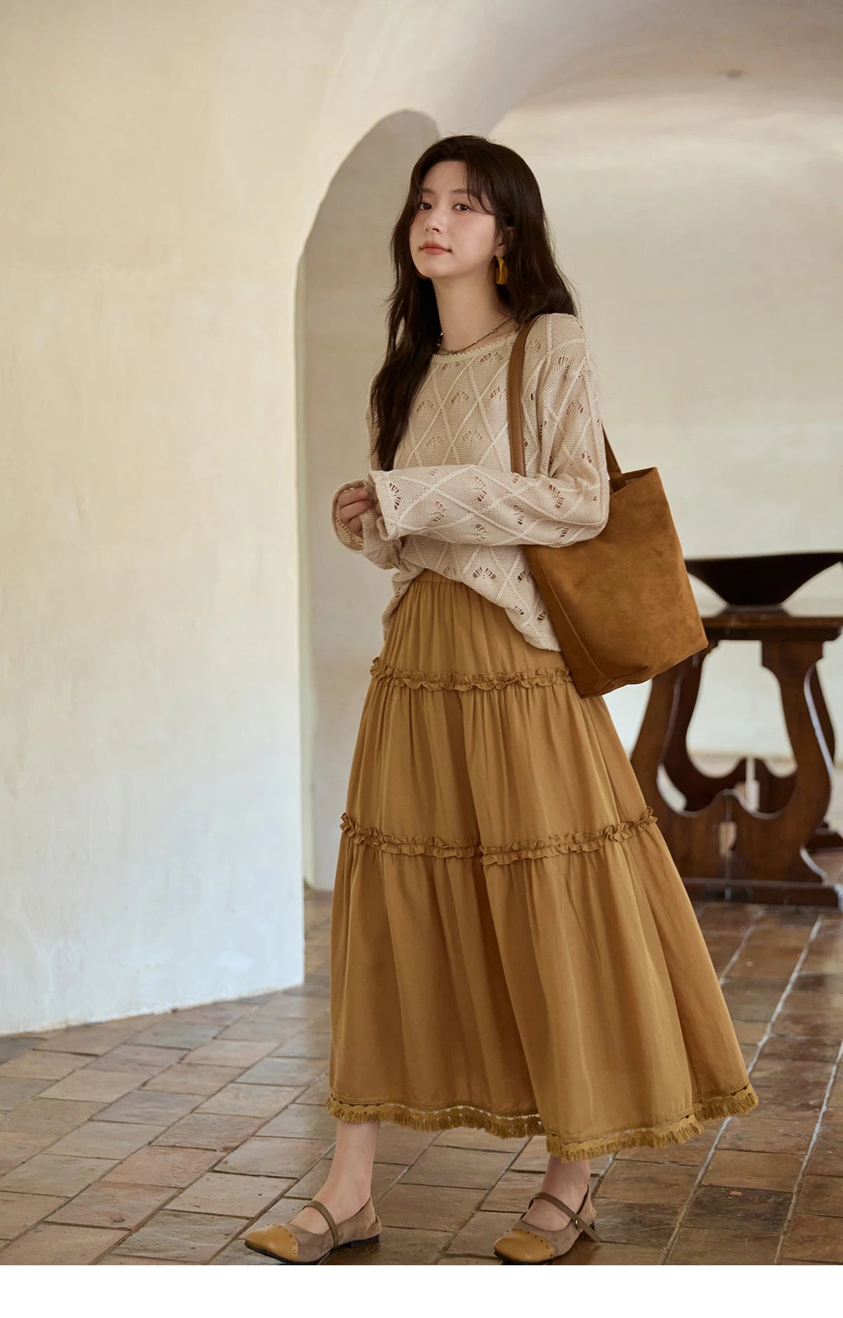 MISHOW Women's Diamond Patterned Knitted Top 2025 Autumn Bohemian Hollowed Out Thin Top Scoop Neck Knitted Sweaters MXE42Z1332