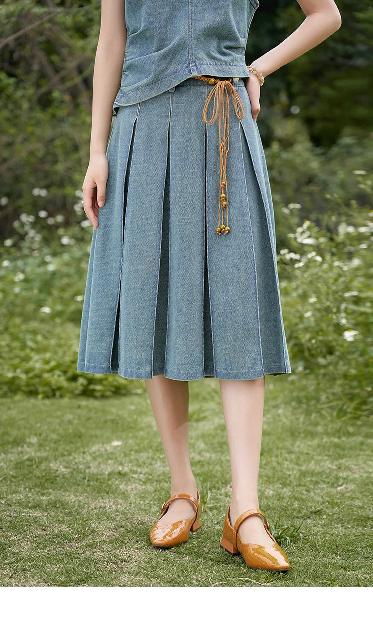 MISHOW Chinese Water Droplet Hollowed Stand Collar Vest Pleated Denim Skirt Separately Summer Retro Denim Collection MXD21X1465