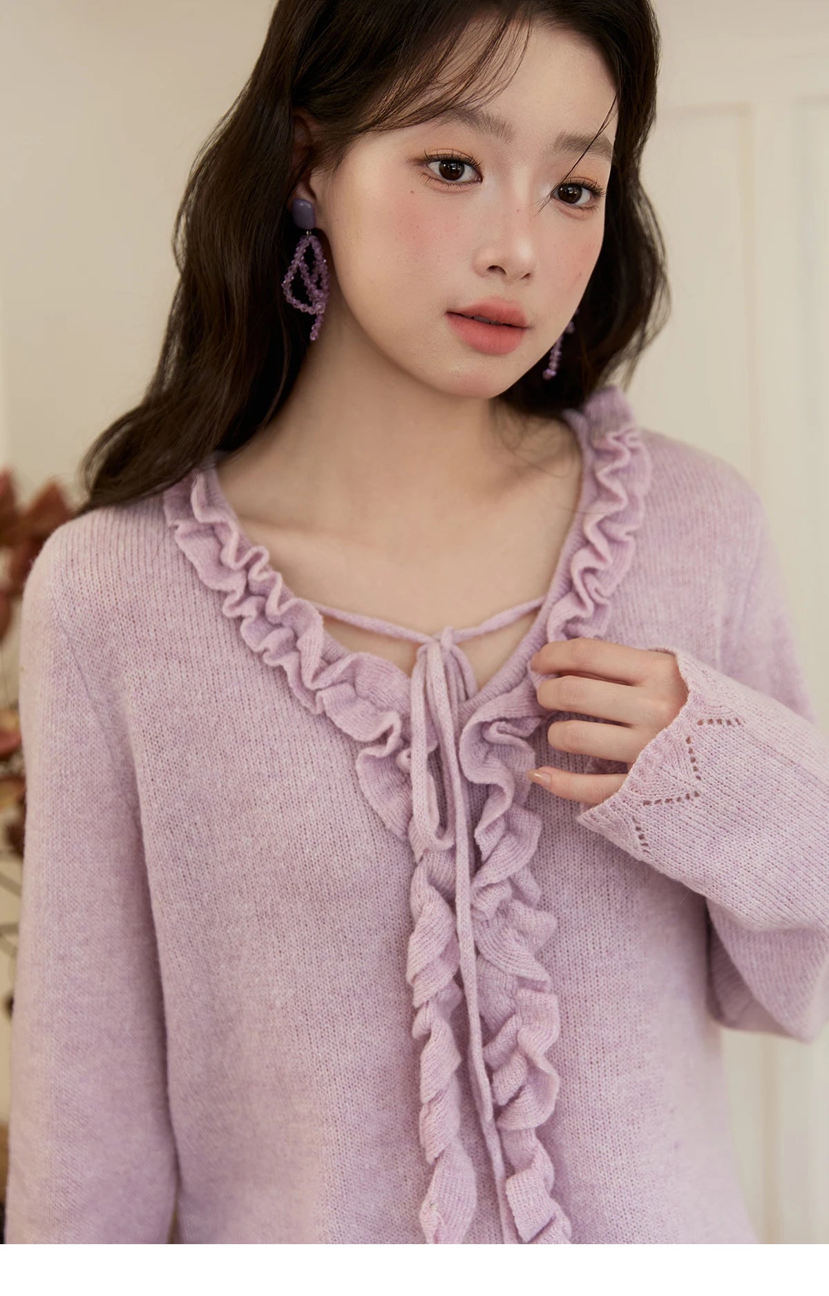 MISHOW Women Long Sleeve Tees 2025 Autumn New V-neck Wood Ear Hollow Out Knitted Sweater Women's  Beige Wool Top MXE51Z2595