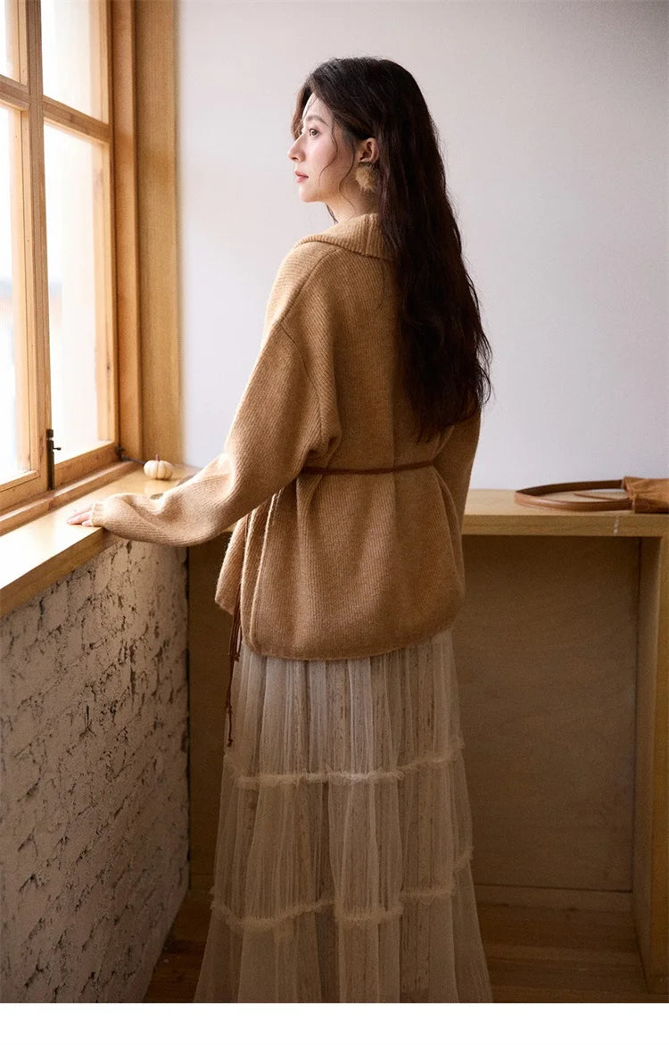 MISHOW Women's Orange Sweater 2025 Winter French Style Luxury Loose Long-sleeved Sweater Vest Belt Three-piece Set  MXE86T1437