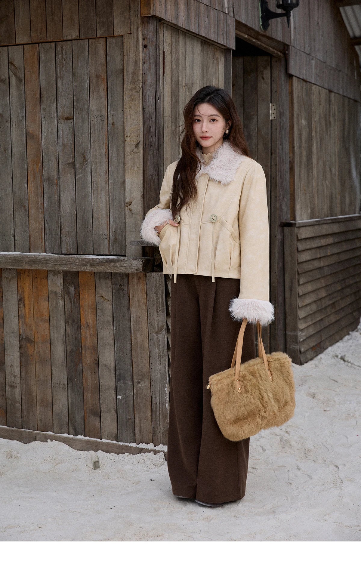 MISHOW Apricot Suede Jacket with Plush Collar Lapel for Women 2025 Winter Warm Overcoat Ladies Retro Thickening Coats MXE91W0987