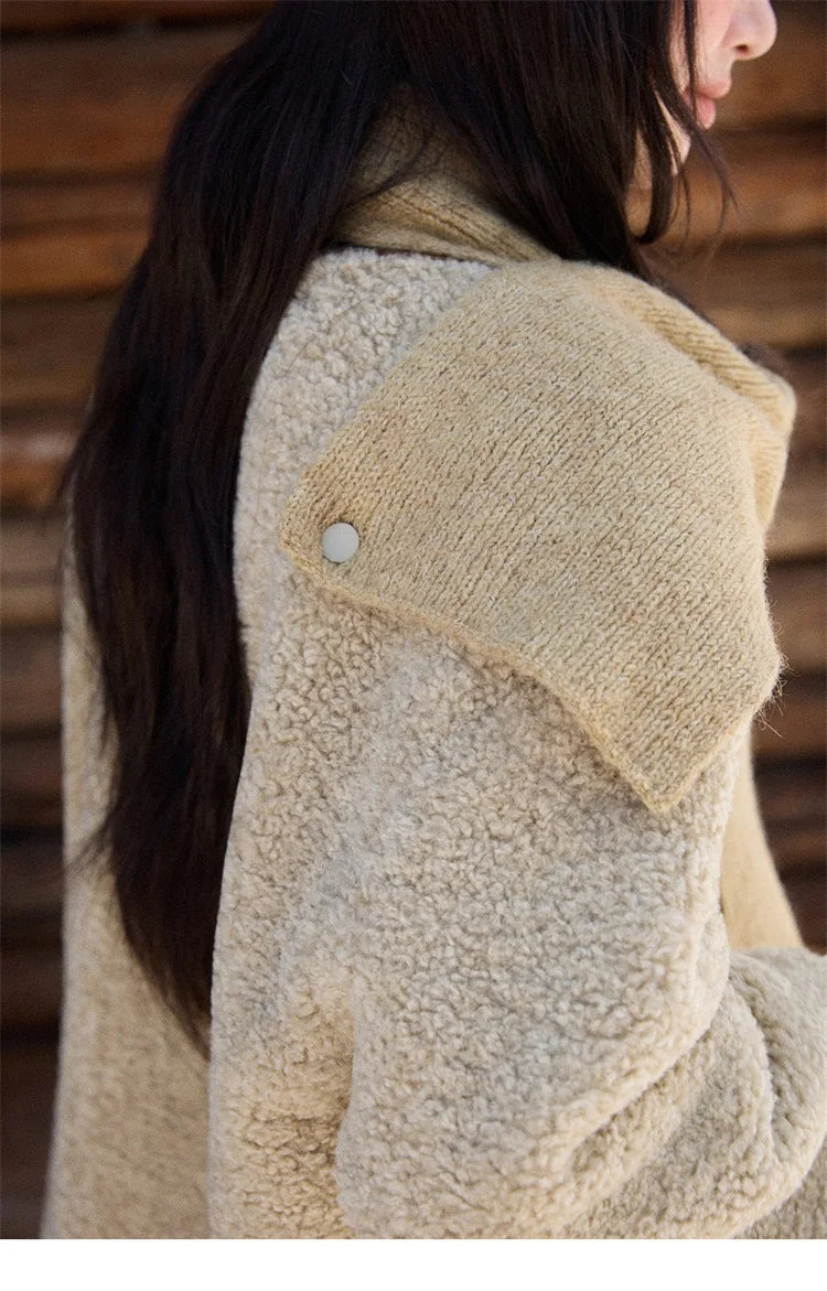 MISHOW Woman Plaid Patchwork Lamb Wool Coat 2025 Winter Round Neck Coat Commute Warm Loose Jacket （Without A Scarf）MXE90W0923