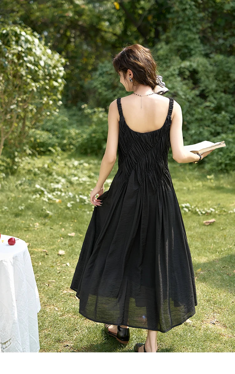 MISHOW French Retro Pleated Upper Suspender Dress for Women 2024 Summer Vacation Sleeveless Solid Mid Length Dresses MXD26L1939