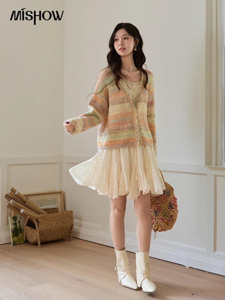 MISHOW Women's Gradient Striped Knit Cardigan 2026 Spring V Neck Single Breasted Casual Thin Soft Rainbow Sweater MXF13Z3019