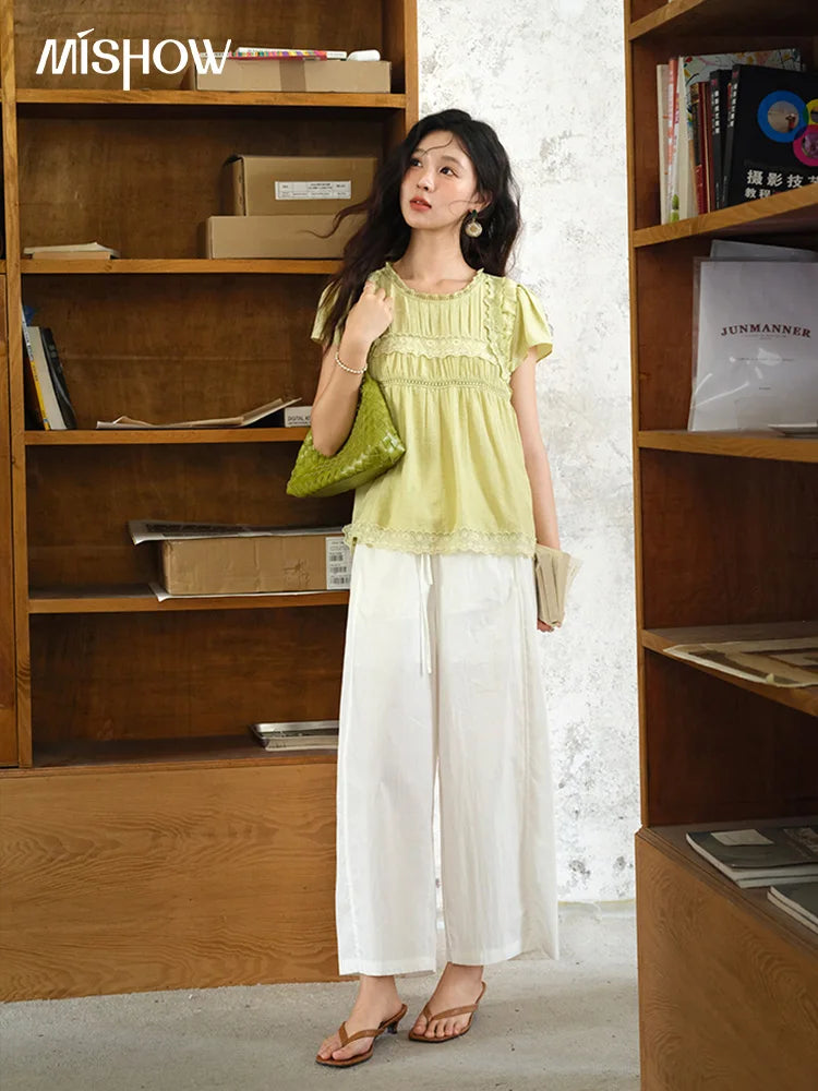 MISHOW Women's Fashion Round Neck Blouse 2025 Summer New Short Sleeve Mushroom Edge Lace Decoration Female Casual Top MXE39X1887