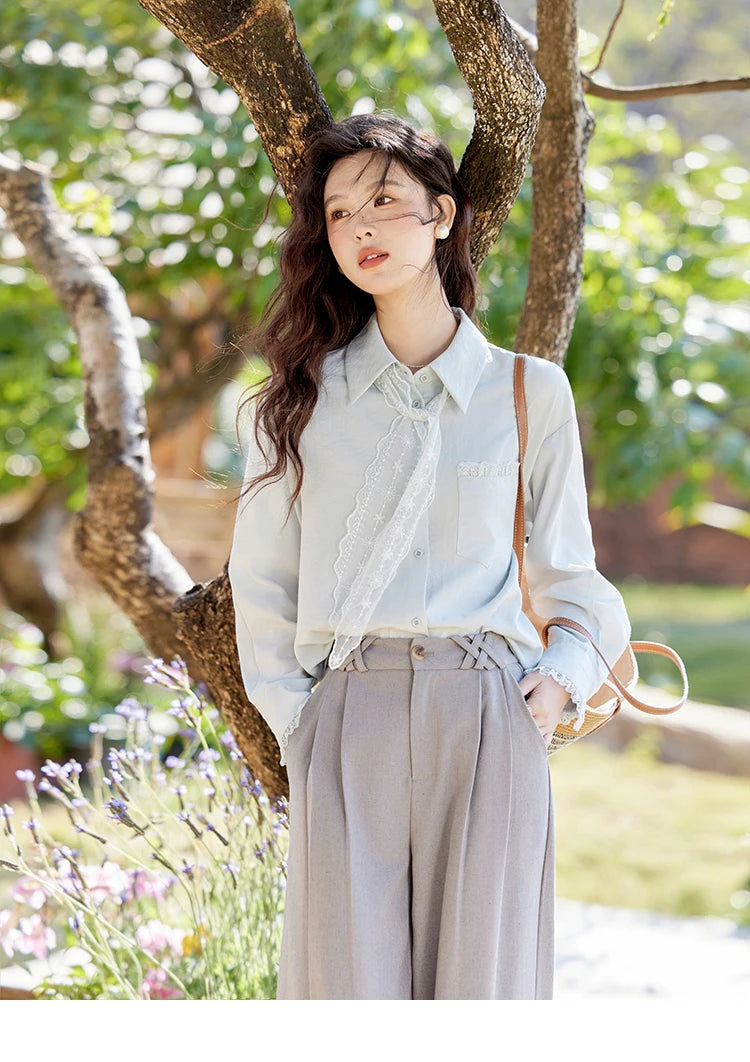 MISHOW French Spring Blouses Women 2025 New Long Sleeve Turn-down Collar Loose Shirts Female Fashion Lace Casual Tops MXE16C0760