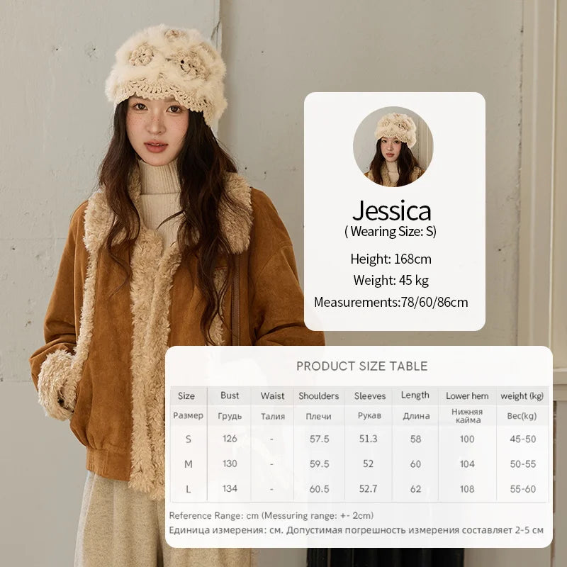 MISHOW Woman Short Jacket 2025 Winter Retro Brown Suede Patchwork Fur Coat Loose Faux Lambswool Turn Down Collar Coat MXE89W0895