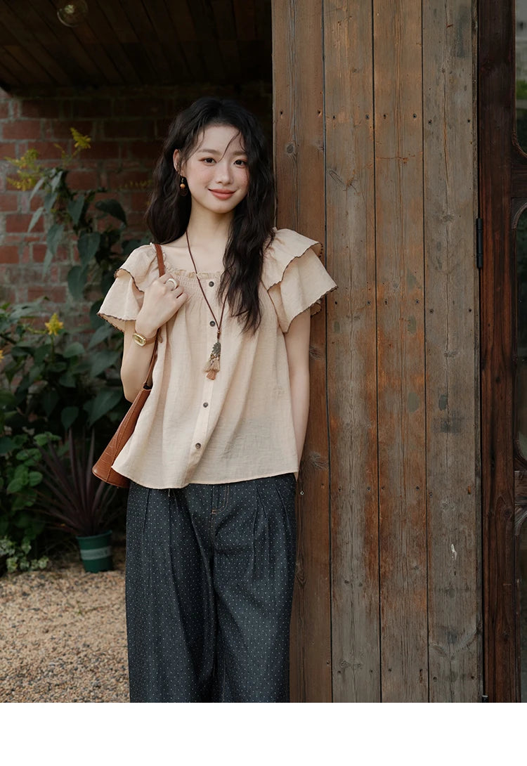 MISHOW Women's Fashion Butterfly Sleeve Blouse Summer 2025 New Loose Casual Square Neck Button Top Women's Clothing MXE37X1854