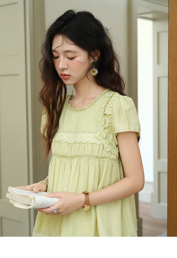 MISHOW Women's Fashion Round Neck Blouse 2025 Summer New Short Sleeve Mushroom Edge Lace Decoration Female Casual Top MXE39X1887