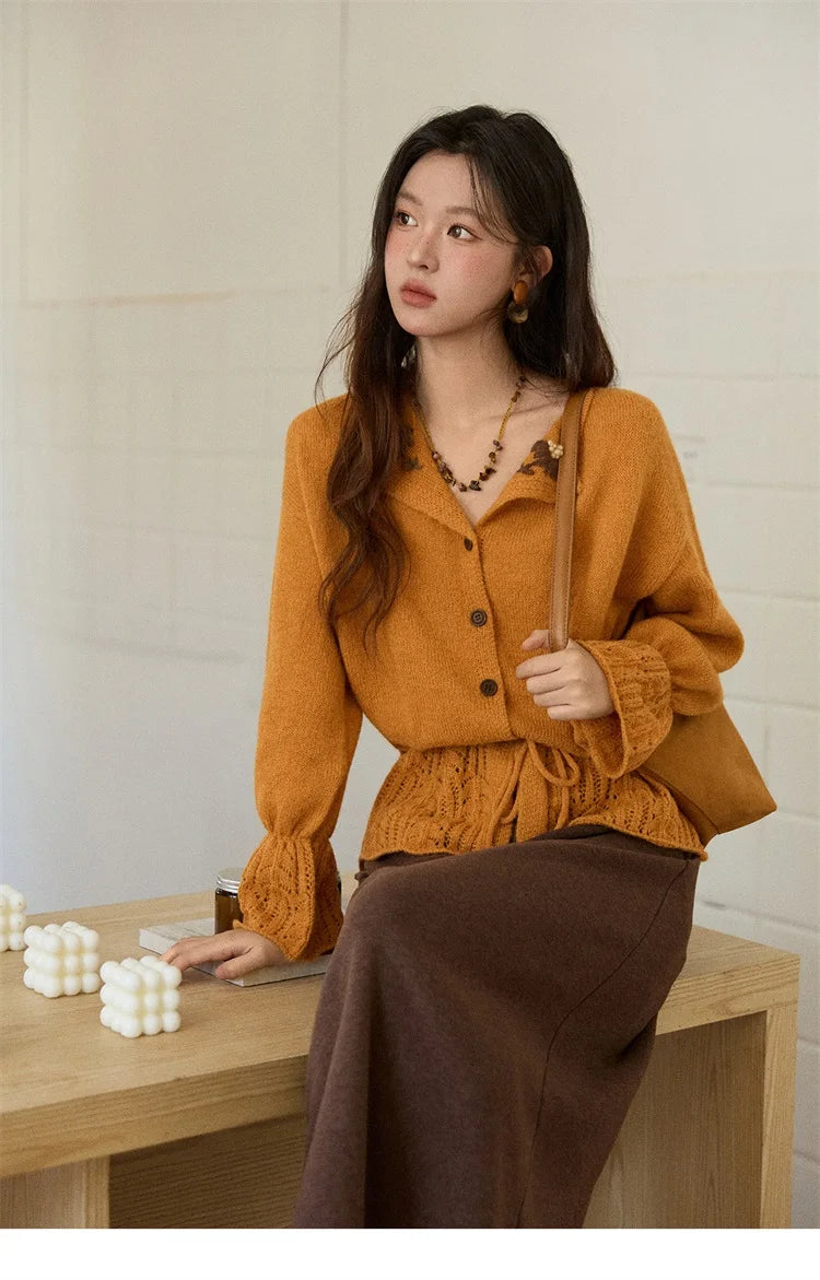MISHOW Orange Cardigan Women 2025 Winter Retro Openwork Crochet Pattern Knit Top Loose Warm Flared Sleeves Sweater MXE87Z2685
