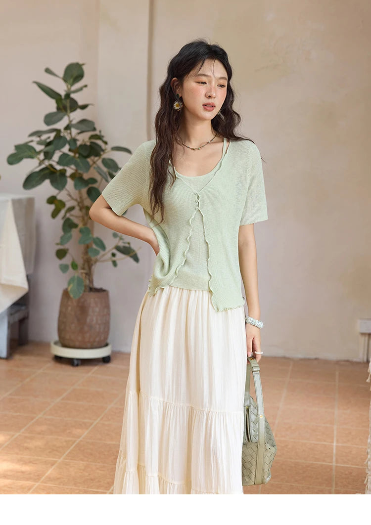 MISHOW Women's Mint Green Fake Two Piece Short Sleeved Knitted Cardigan 2025 Summer Solid Color Loose Comfortable Top MXE36Z1286