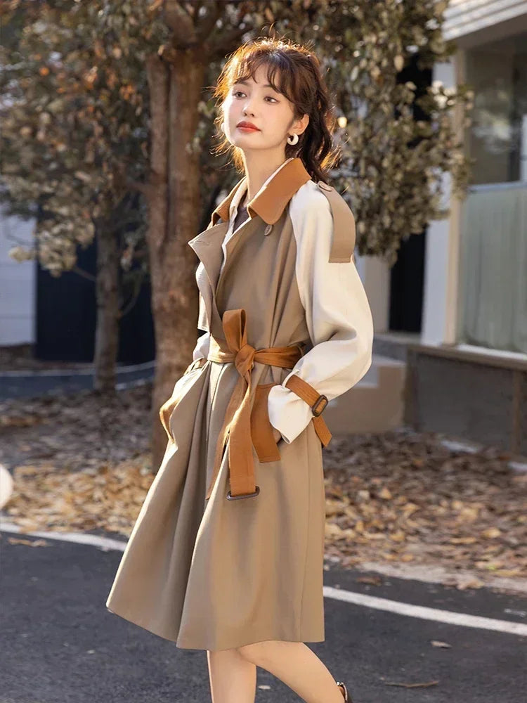 MISHOW Autumn Women's Khaki Trench Contrast Color Woman Clothes Spliced Turn-down Collar All-match Casual Jacket MXB31W0367