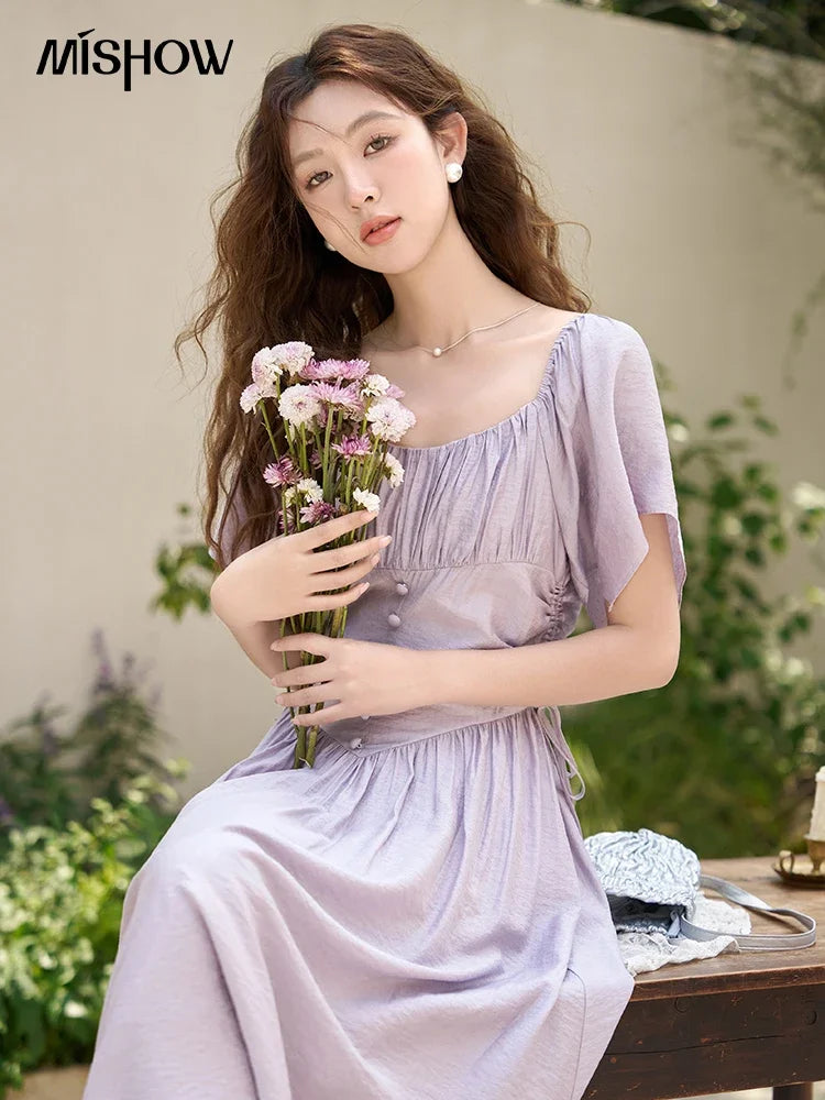 MISHOW Women's Elegant Dress 2023 Summer French A-LINE Butterfly Sleeve Square Collar Solid Lace-up Waist Dresses MXC38L1407
