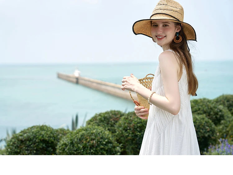 MISHOW French Retro Pleated Upper Suspender Dress for Women 2024 Summer Vacation Sleeveless Solid Mid Length Dresses MXD26L1939