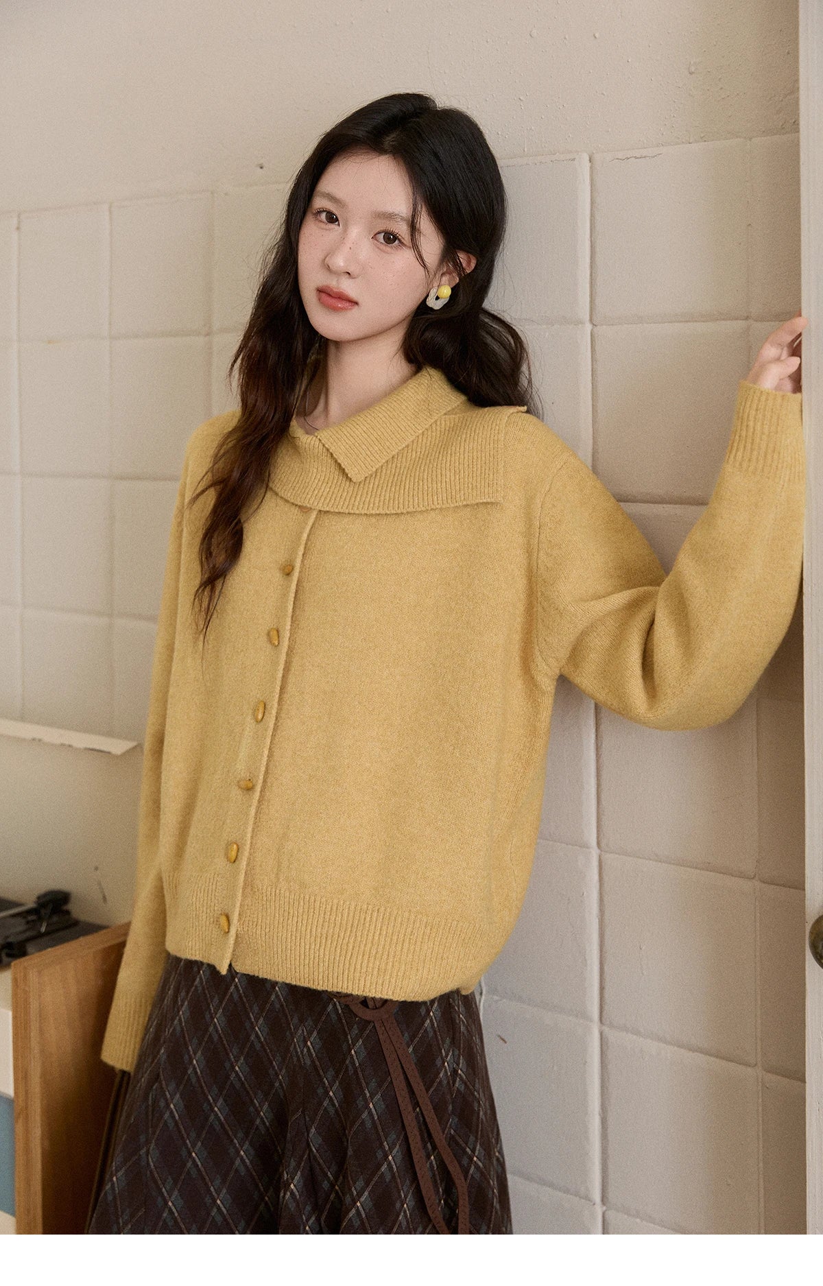 MISHOW Women's Mustard Yellow Knit Cardigan 2026 Spring Asymmetric Collar Dropped Sleeves Tops Casual Loose Sweater MXE93Z2936