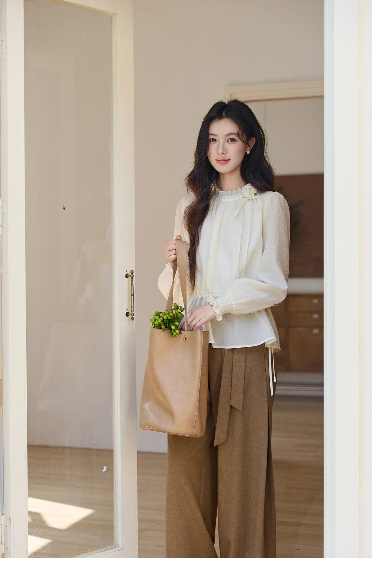 MISHOW Women's Ruffled Stand Collar Blouse 2026 Spring Flower Decor Apricot Blouses Drawstring Waist Puff Sleeve Top MXF11C2428