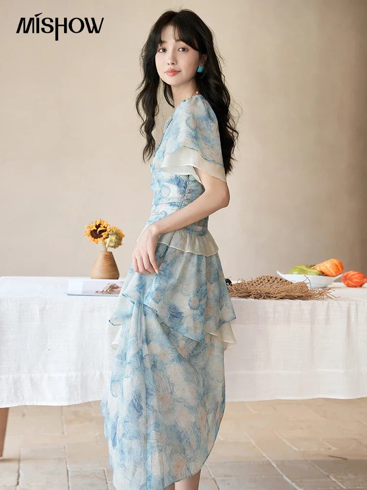 MISHOW [Van Gogh Collection] Fairycore Dresses 2025 Summer Double Layer Sleeves Asymmetrical V-Neck Printing Dress MXC39L1527