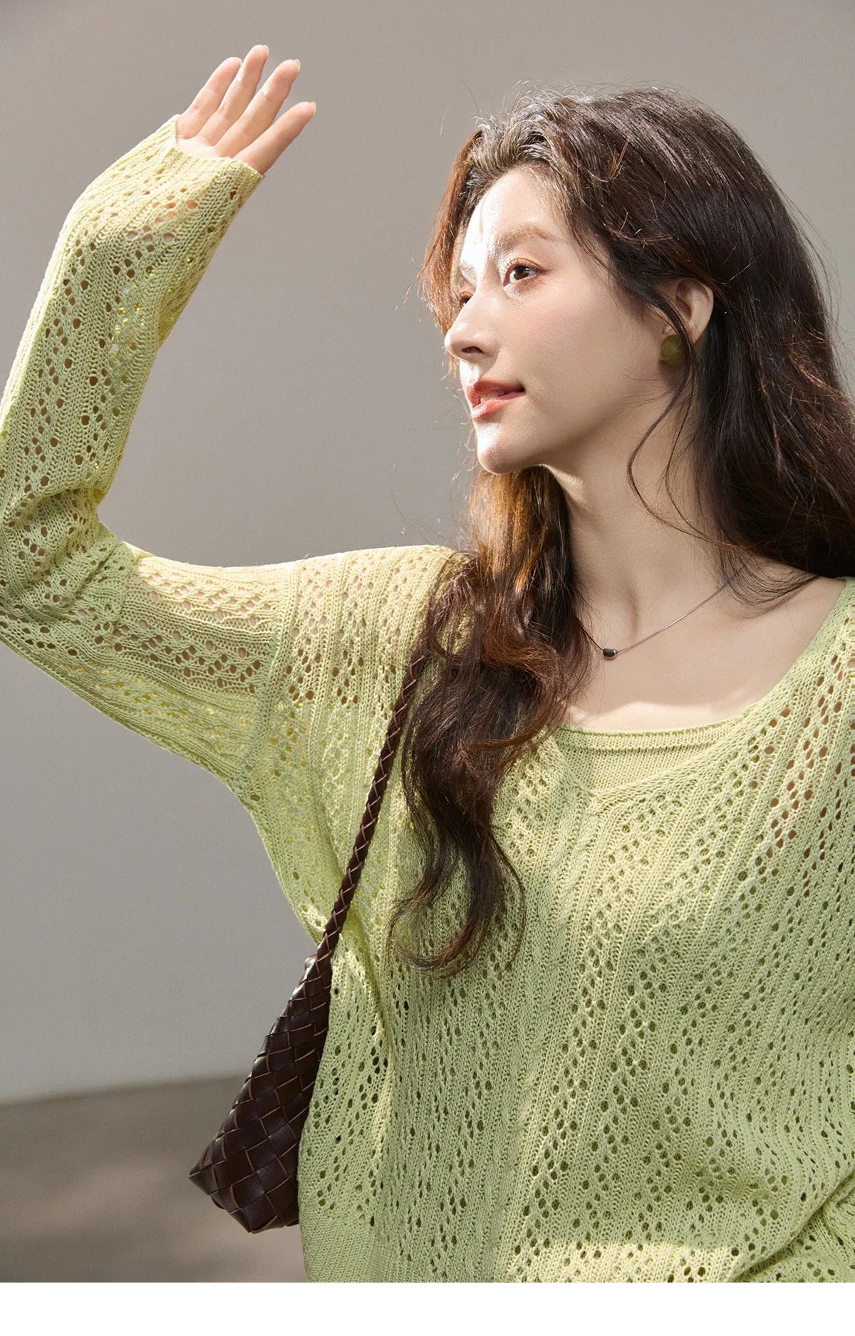 MISHOW Women's Hollow Out Cable Knit Tops with Camisole Two Piece Set Spring Loose Casual Breathable Green Sweater MXF16T1524