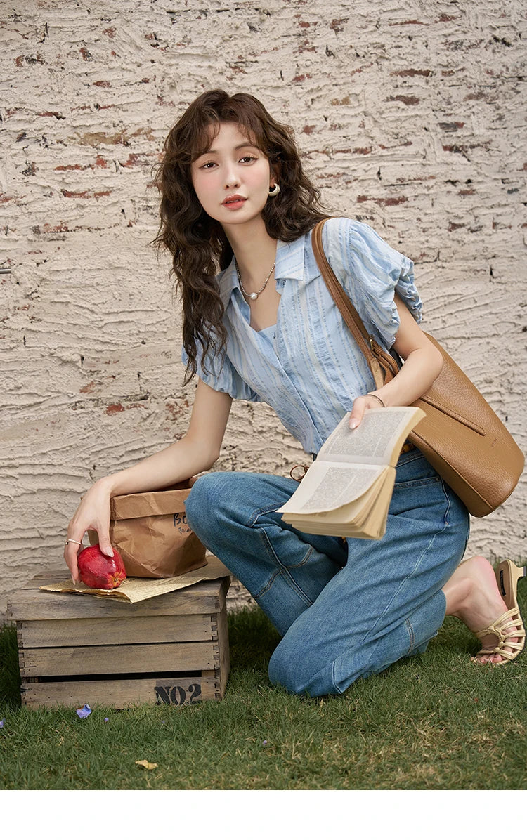 MISHOW Blue Striped Short Sleeve Shirt for Women Summer 2025 Bubble Flower Bud Sleeves Lapel Neck Shirt with Tube Top MXD24C0204