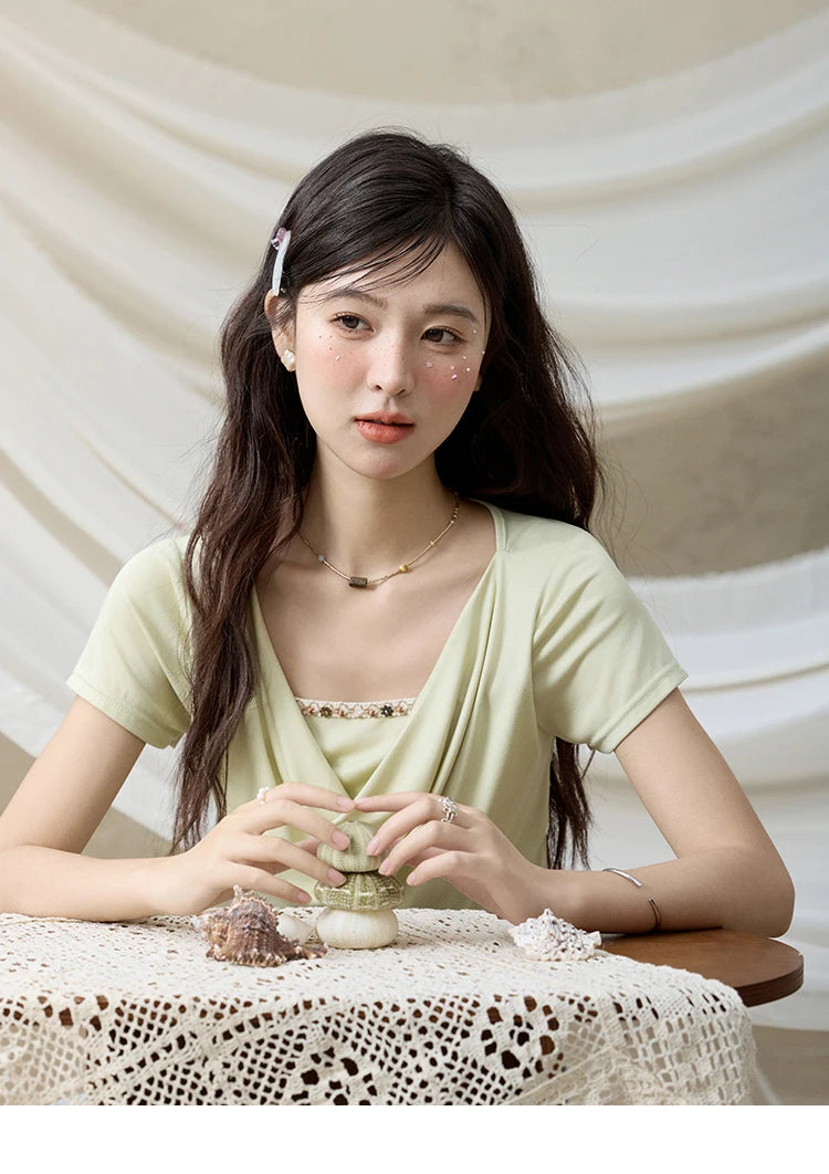 MISHOW Casual Summer Shirts Women 2025 Fashion Short Sleeve Swing Collar Solid T-shirt Female Slim Shell Ribbon Tops MXE33T0524