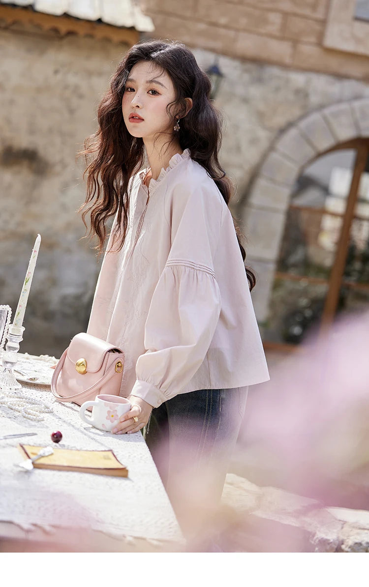 MISHOW Pink Cotton Ruffled Blouse Loose Long Sleeve MXE13X1699